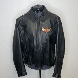 - Vintage Black Leather Biker/Motorcycle Jacket with Harley Davidson Patch